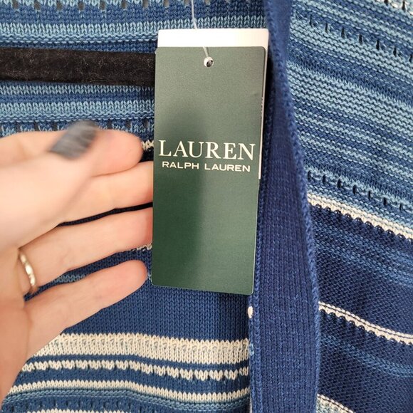 Lauren Ralph Lauren womens Large Blue Stripe knit open front fringe cardigan NWT - Picture 11 of 13